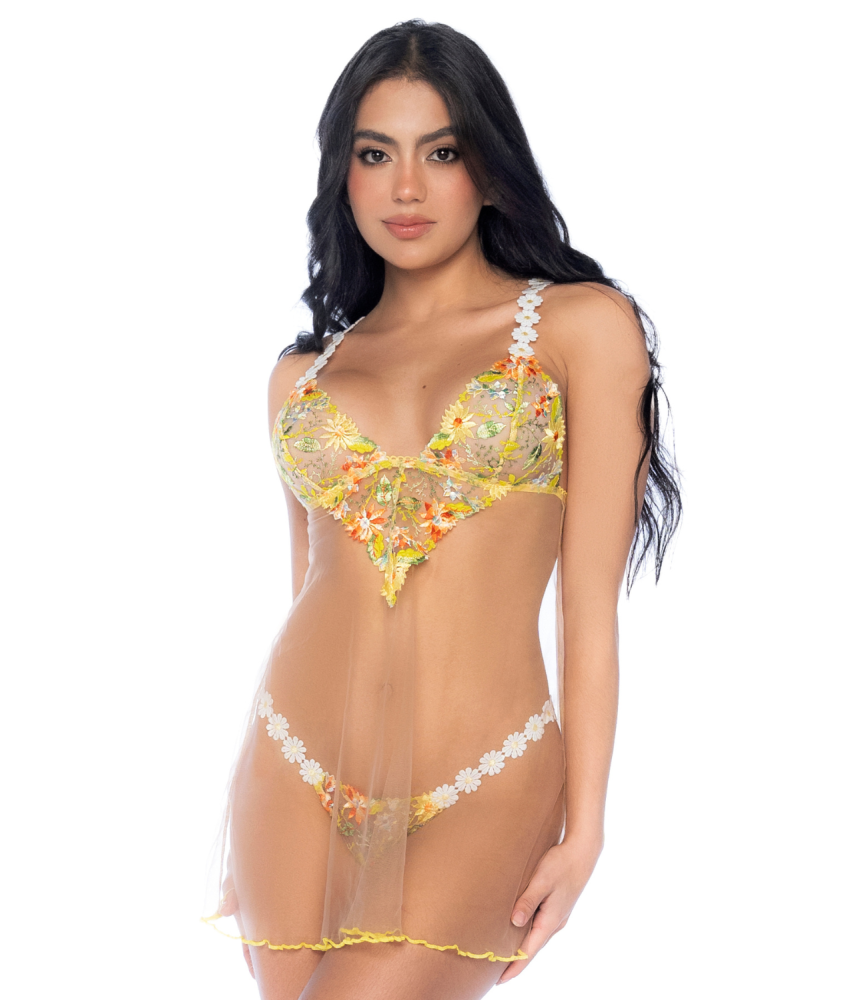 Nuisette transparente brodée jaune et string - MAL7608SUBS